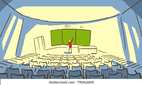 Cartoon Woman Wipes The Blackboard In An Empty Lecture Hall. Color Vector Sketch. 
