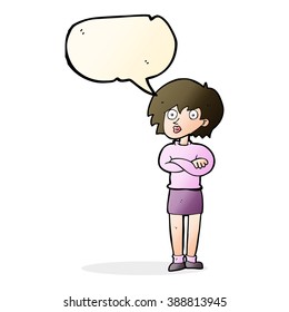 cartoon woman wit crossed arms with speech bubble