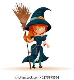 Cartoon woman in witch costume flat poster