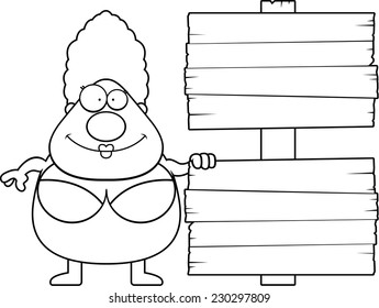 A cartoon woman with a wooden sign.