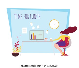 Cartoon Woman Work Break. Time for Lunch Vector Illustration. Female Office Worker Eating. Busy Businesswoman Snack. Employee Meal Takeaway. Manager Diet Healthy Food Workplace Rest