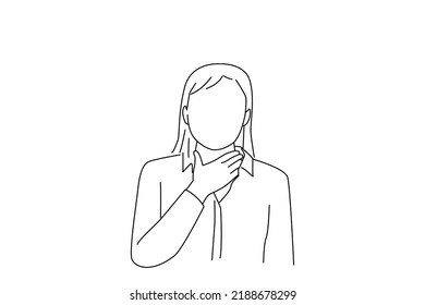 Cartoon of woman worker holding her inflamed throat pain. line art style
