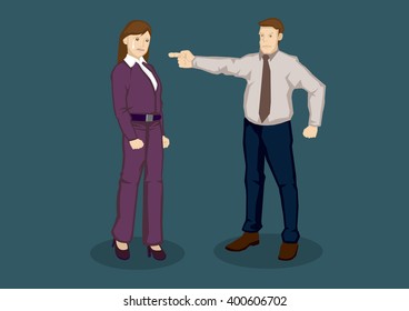 Cartoon woman worker scolded by boss and cried. Vector illustration of being upset at work concept isolated on plain green background. 