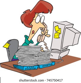 cartoon woman working at a desk with piles of paper to work on
