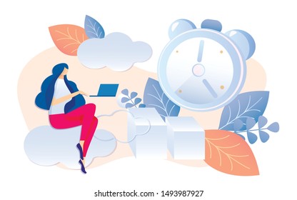 Cartoon Woman Working Notebook Sitting on Cloud Vector Illustration. Work Process Time Management Concept. Project Schedule Planning Service. Office Employee Worker Productivity Increase