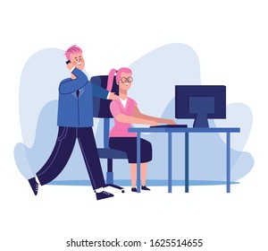 cartoon woman working at office desk and businessman over white background, colorful design, vector illustration