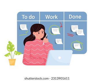 Cartoon woman working on laptop, marking tasks done and undone on board. People doing different tasks and activities at work. Process of organizing time in business. Vector illustration