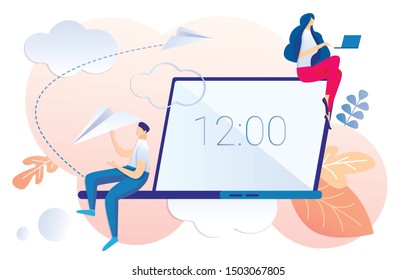 Cartoon Woman Working on Notebook. Man Relax Launch Paper Plane Vector Illustration. Twelve Oclock on Laptop Screen. Work Break Pause Midday Concept. Employee Productivity Efficiency