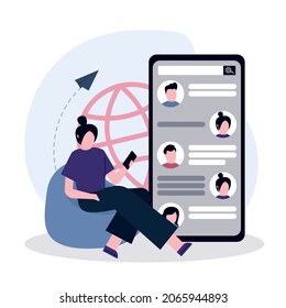 Cartoon woman working and outsourcing on phone. Smartphone screen with dialogue of colleagues. Communication and chat on network. Cute girl video calling virtual team online. Flat vector illustration