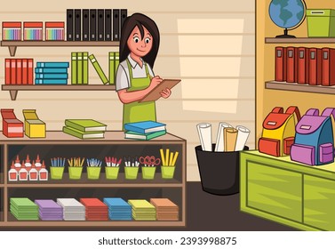 Cartoon woman working in stationery. Clerk with clipboard.