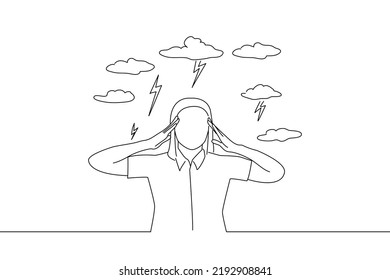 Cartoon of woman with worried stressed face expression eyes closed trying to concentrate with brain melting. Oneline art drawing style
