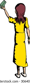Cartoon of woman in yellow taking out a book