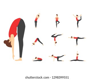 Cartoon Woman Yoga Poses Icons Set Fitness Exercise for Female Body Concept Flat Design Style. Vector illustration of Posture