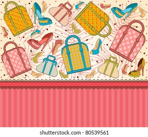Cartoon woman's bag and shoes. Vector background