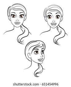 A cartoon womans face with different expressions or emotions