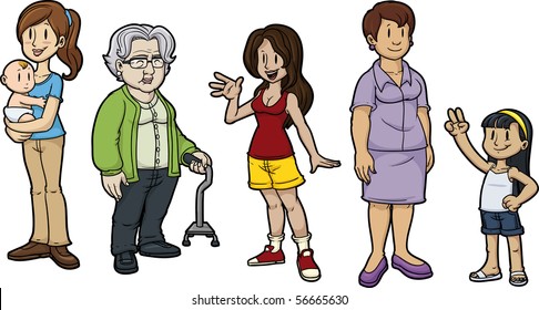 Cartoon women of all ages. All characters on separate layers for easy editing.