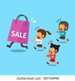 Cartoon women and big shopping bag