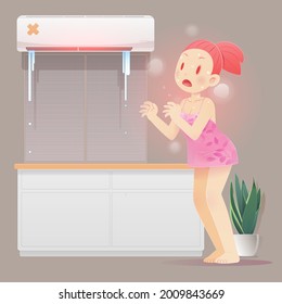 Cartoon Women Can't Sleep Because The Air Conditioner Is Broken At Night. A Girl In A Pink Sleepwear Sleep Deprivation. Bad Air Conditioner