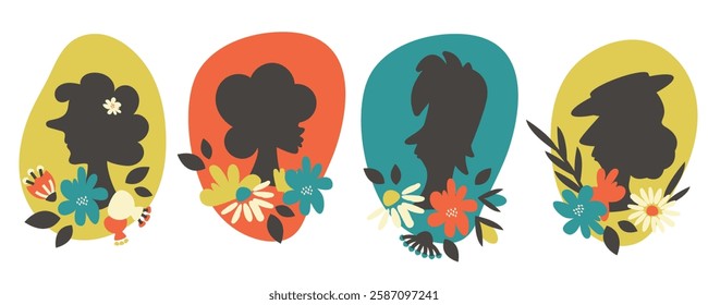 Cartoon women characters avatars set. Profile silhouette woman. Comic face portraits in circles. Hand drawn Hair contour. Females with modern floral elements. Vector illustrations