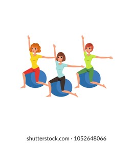 Cartoon women characters doing exercise with fitness ball. People in gym. Three young girls in sportswear. Healthy lifestyle. Physical activity. Flat vector design