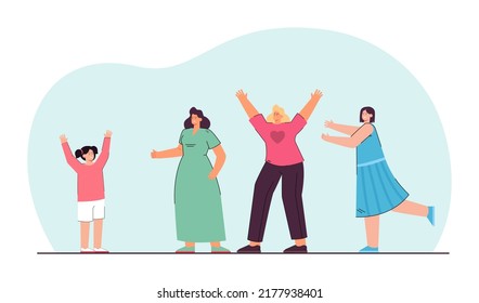 Cartoon Women Cheering For Happy Little Girl. Daughter With Celebrating Birthday With Mother, Aunt And Sister Flat Vector Illustration. Celebration, Family, Happiness Concept For Banner, Landing Page