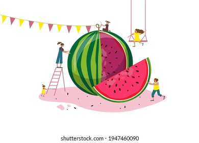 Cartoon women cut large watermelon. Slice of watermelon. Summer scene, holiday. Summer time. flat vector illustration