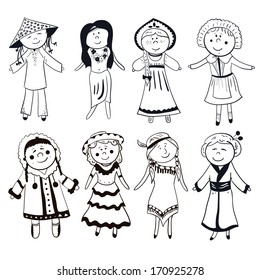 Cartoon women in different traditional costumes, black-white vector set