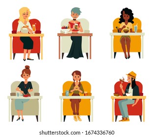 Cartoon women eating food - isolated set on white background. Happy girls having lunch sitting on cozy chair with small table, flat vector illustration.