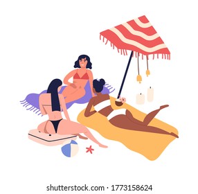 Cartoon women friends sunbathing on beach in bikini. Girls having rest near sea, relaxing in summer, lying under umbrella. Female friendship in flat illustration isolated on white background