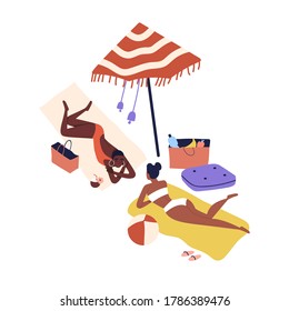 Cartoon women friends sunbathing on beach in bikini. Dark skin girls rest by sea, relaxing in summer, lying. Female friendship. Picnic by the sea flat illustration isolated on white background