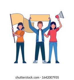 cartoon women and man standing holding blank signs and megaphone over white background, colorful design, vector illustration