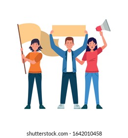 cartoon women and man standing holding blank signs and megaphone over white background, vector illustration
