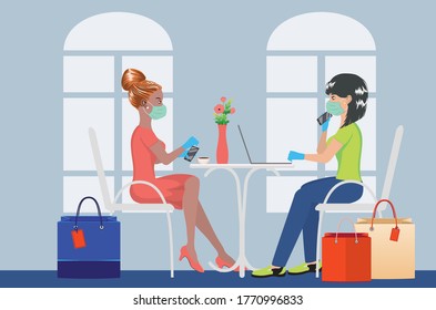 Cartoon women in mask with shopping bags working on laptop in cafe background.