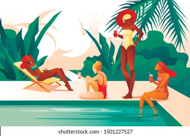 Cartoon Women near Pool, Drink Coctail, Sunbathing Beach Chair, Swim Vector Illustration. Girl in Bikini Swimsuit. Party, Relaxation, Rest. Palm Tree, Tropic Nature, Sea Resort Hotel