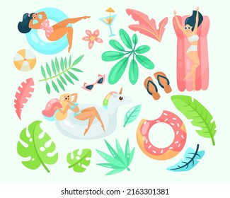 Cartoon women on cute inflatable rings vector illustrations set. Doodles of girls sunbathing with botanical stickers or tropical jungle leaves isolated on white background. Summer, vacation concept