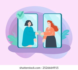 Cartoon women on phones exchanging money. Girl giving banknotes to friend or colleague flat vector illustration. Finances, transaction, technology concept for banner, website design or landing page