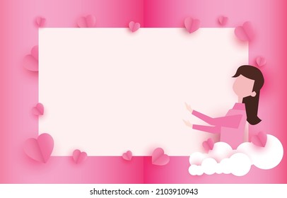 cartoon women paper cut elements in shape of heart on rectangular frame has free space.and pink sweet background. Vector symbols of love for Happy Valentine's Day, birthday greeting card design.