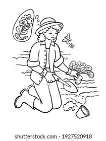 Cartoon Women planting seedling. Gardener taking care of plants. Girl growing flowers. Kids coloring illustration.