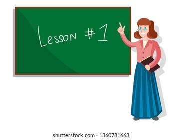 Cartoon Women Pointing with Finger at Blackboard in Classroom Teaching Pupils. Tutor, Educator at University Giving Lecture. Elementary School Education. First Lesson. Writting with Chalk.