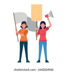 cartoon women protestating with blank signs and megaphone over white background, vector illustration