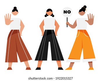 Cartoon Women Protesting And Stop Gesture On White Background.