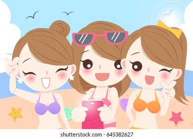 cartoon women selfie happily in the beach