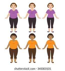 Cartoon women in sportswear. Illustration of step weight loss before and after.