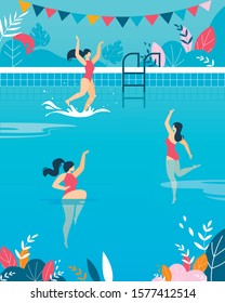 Cartoon Women Swimmers Characters Wearing Swimsuits Performing Water Activities in Swimming Pool. Swim Water Sport and Dive. Vector Flat Illustration. Plant Leaves Design and Flags Garland