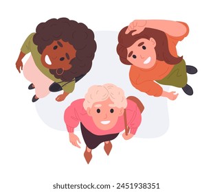 Cartoon women top view. Female characters look upwards view from above, girls saw something in sky, ladies looking up flat vector illustration set. People staring up scene svg