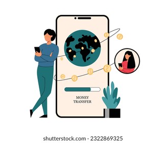 Cartoon women using cell phone banking app. Secure payment technology. Online money transactions for business and everyday needs. Vector illustration on white background