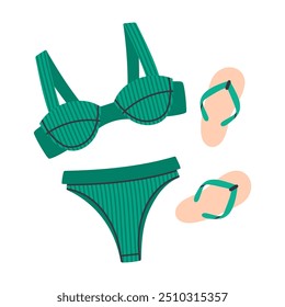 Cartoon Badekleidung für Damen. Weiblicher Bikini mit Flip Flops, stylische Badebekleidung, flache Vektorgrafik. Farbiger Sommer-Bikini auf Weiß