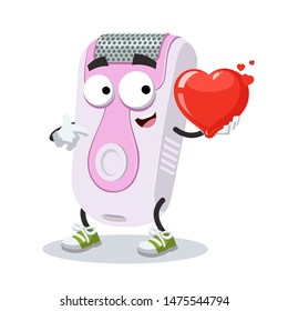 cartoon women's electric razor epilator character mascot keeps the heart on white background