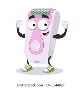 cartoon women's electric razor epilator mascot shows its strength on a white background
