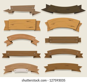Cartoon Wood Banners And Ribbons/ Illustration of a set of cartoon wooden award ribbon and texas ranch banners, for agriculture and farm seal and certificates